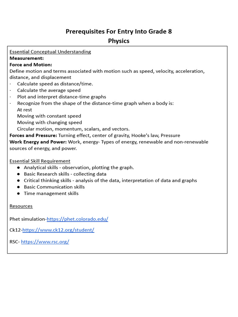 Prerequisites Physics Grade 8 | PDF