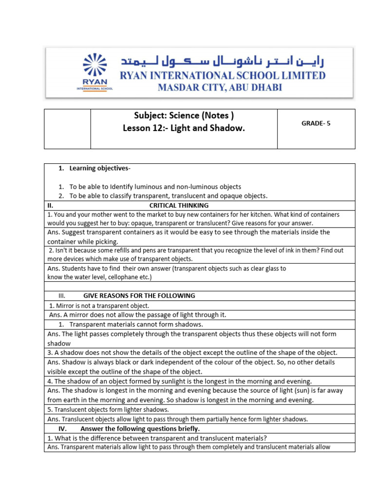Light and Shadow Notes 1 | PDF | Shadow | Light