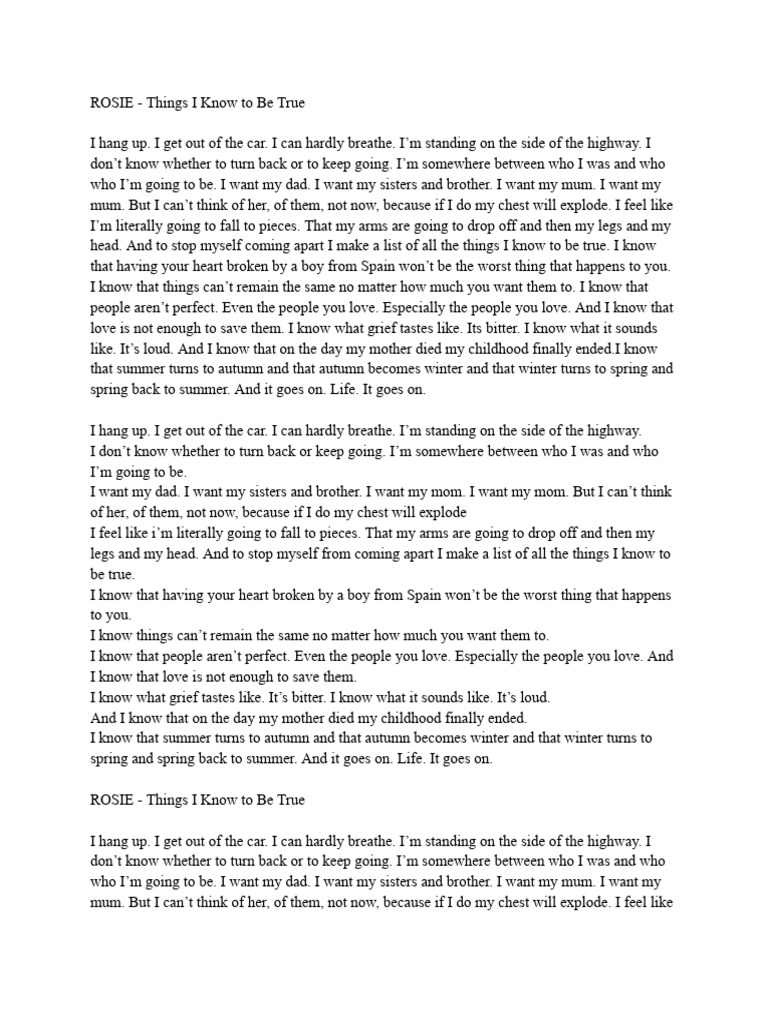 Things I Know To Be True Monologue | PDF