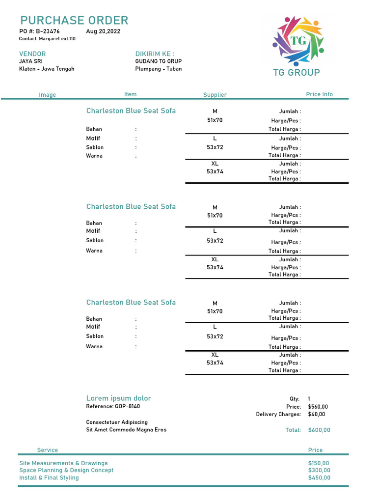 Interior Design Purchase Order Template | PDF