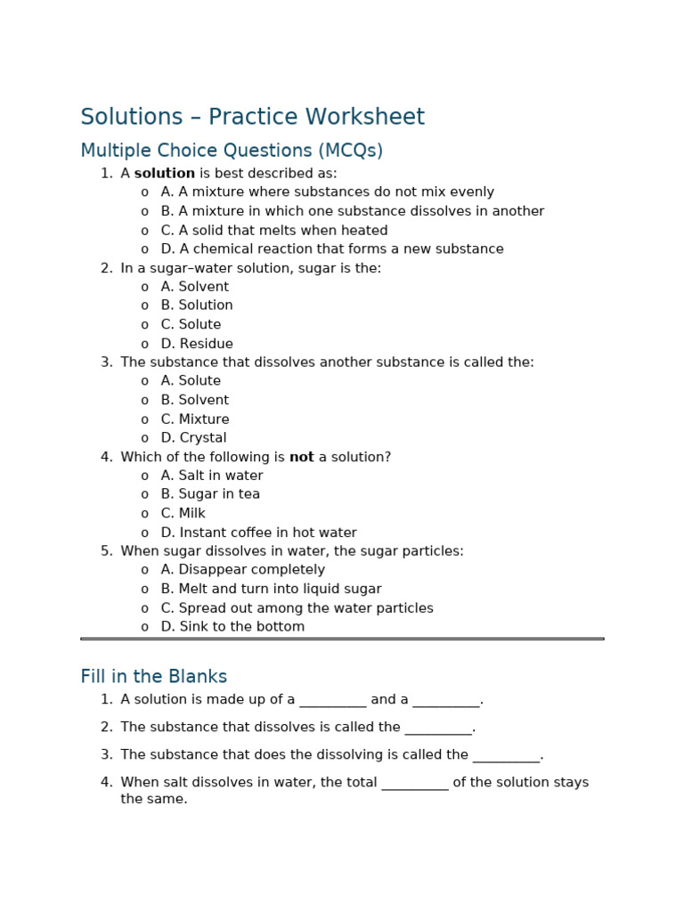 Solutions - Worksheet | PDF