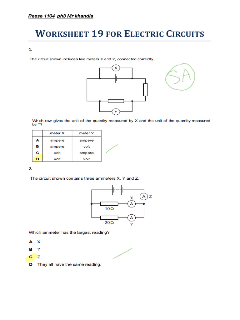 Worksheet 19 For Electrical Circuit (Completed) | PDF