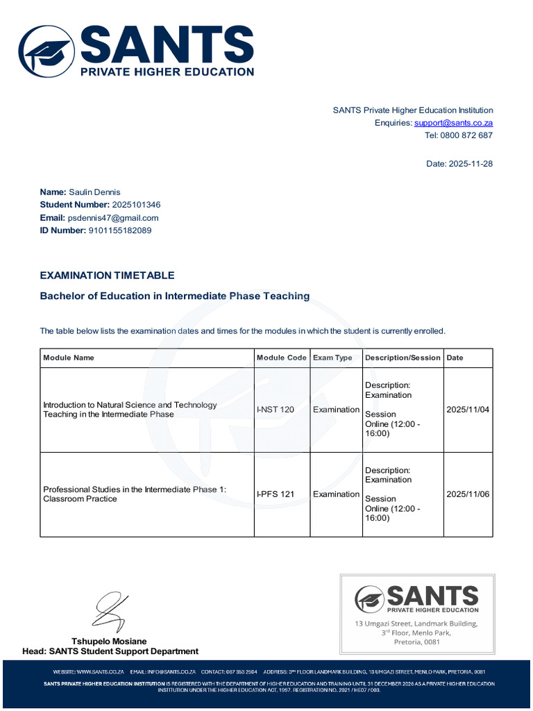 Examination Timetable Bachelor of Education in Intermediate Phase ...