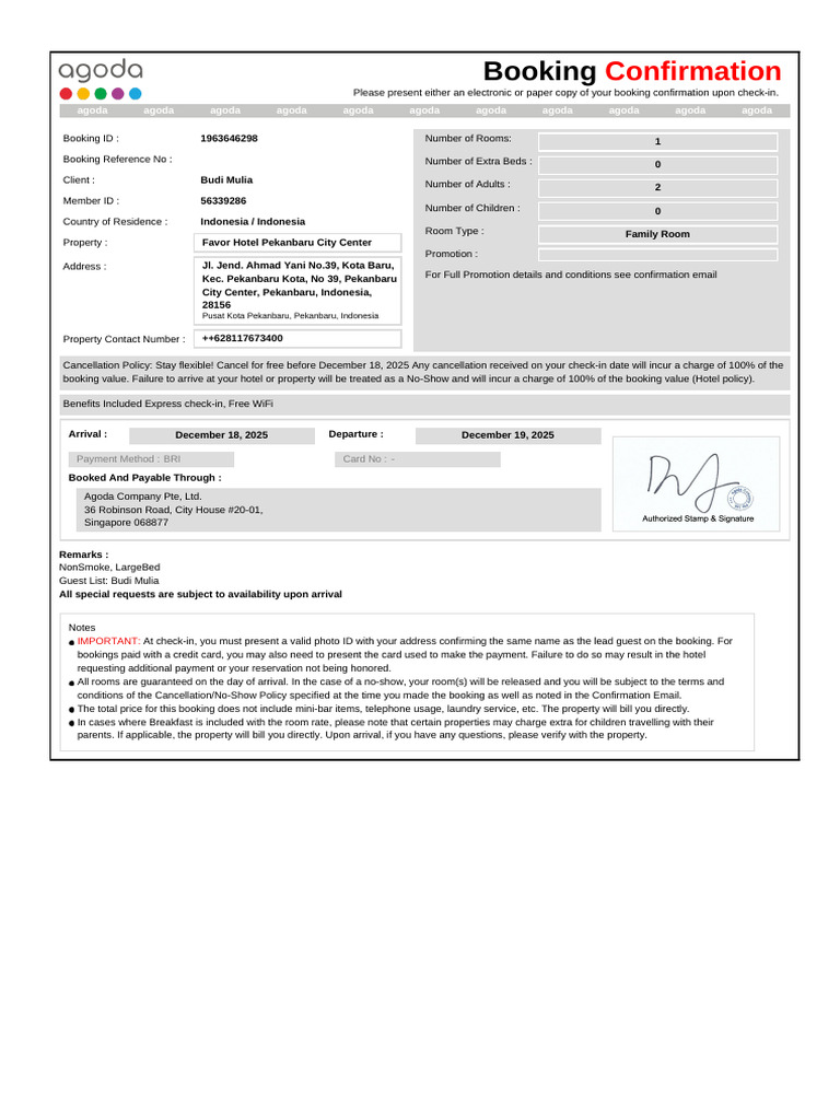 Confirmation For Booking ID # 1963646298 | PDF