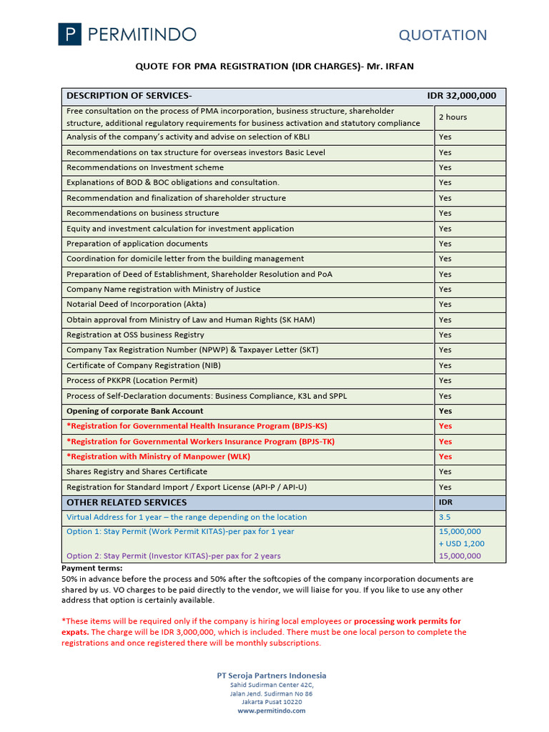 PMA Incorporation For Low Risk Activities-Individual Investment (IDR ...