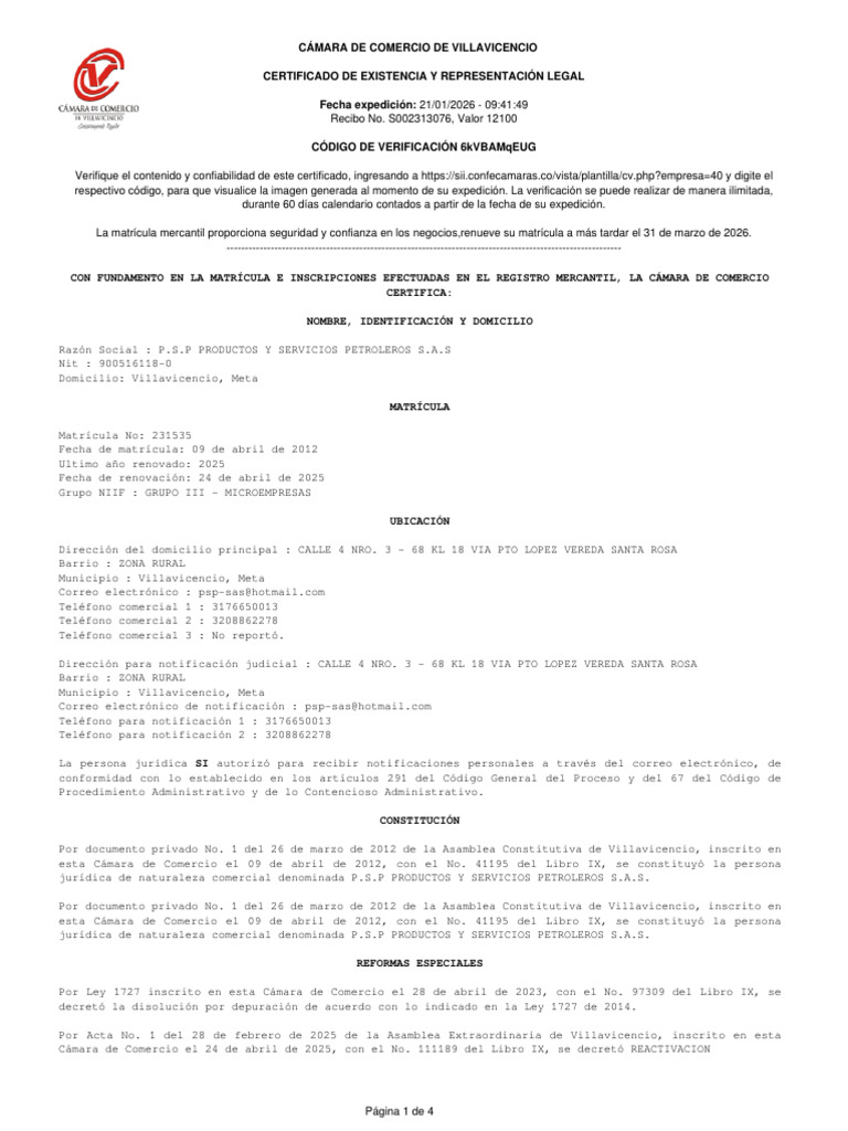Certificado de Camara y Comercio 2026 | PDF | Sociedad de ...