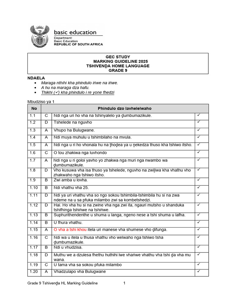 Tshivenda HL Memo Gec Grade 9 2025 | PDF