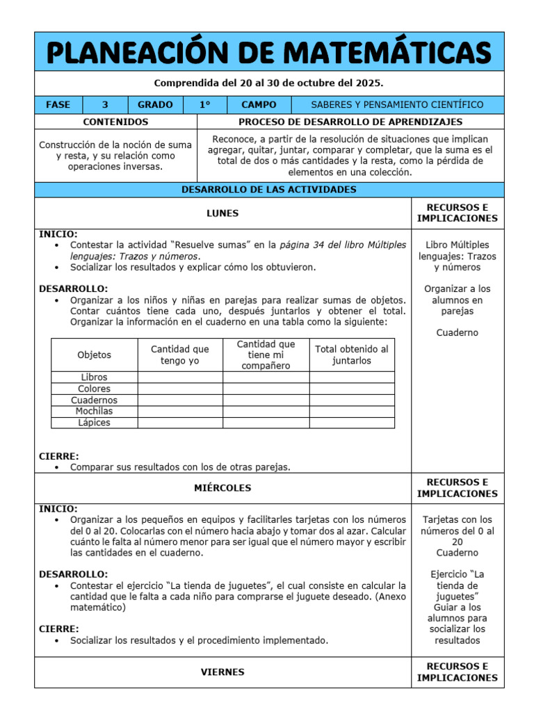 Planeación de Matemáticas Semanas 8-9 Primer Grado Pronalees Xochitl ...