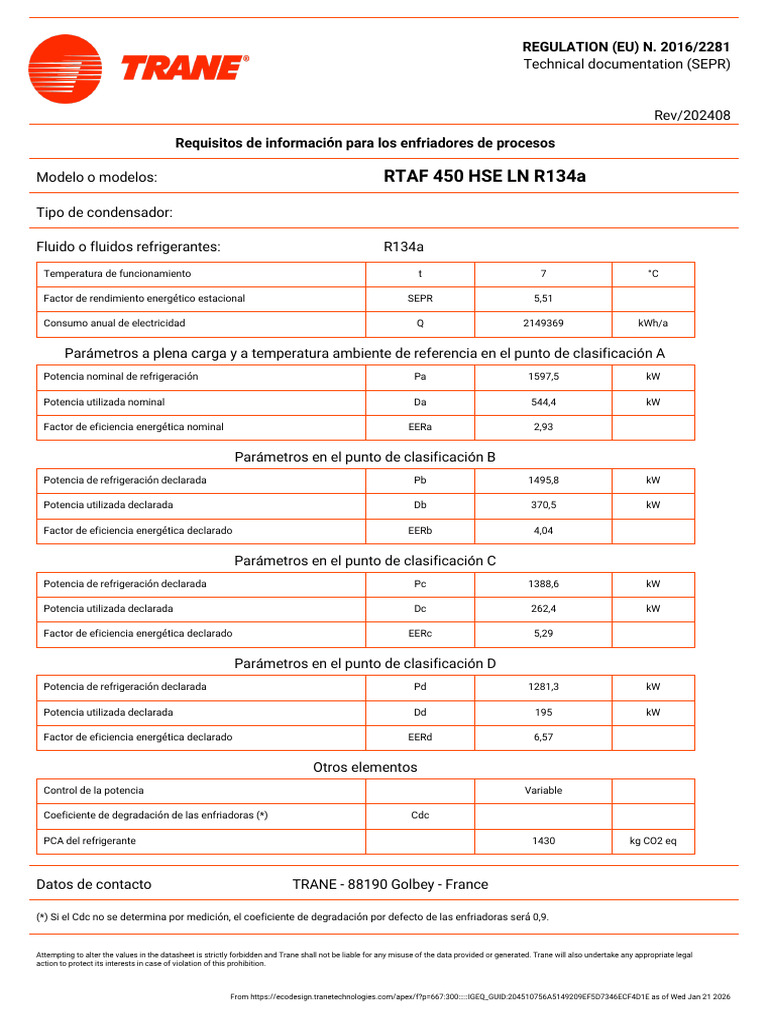 Rtaf 450 Hse LN R134a | PDF | Cantidades fisicas | Poder (Física)