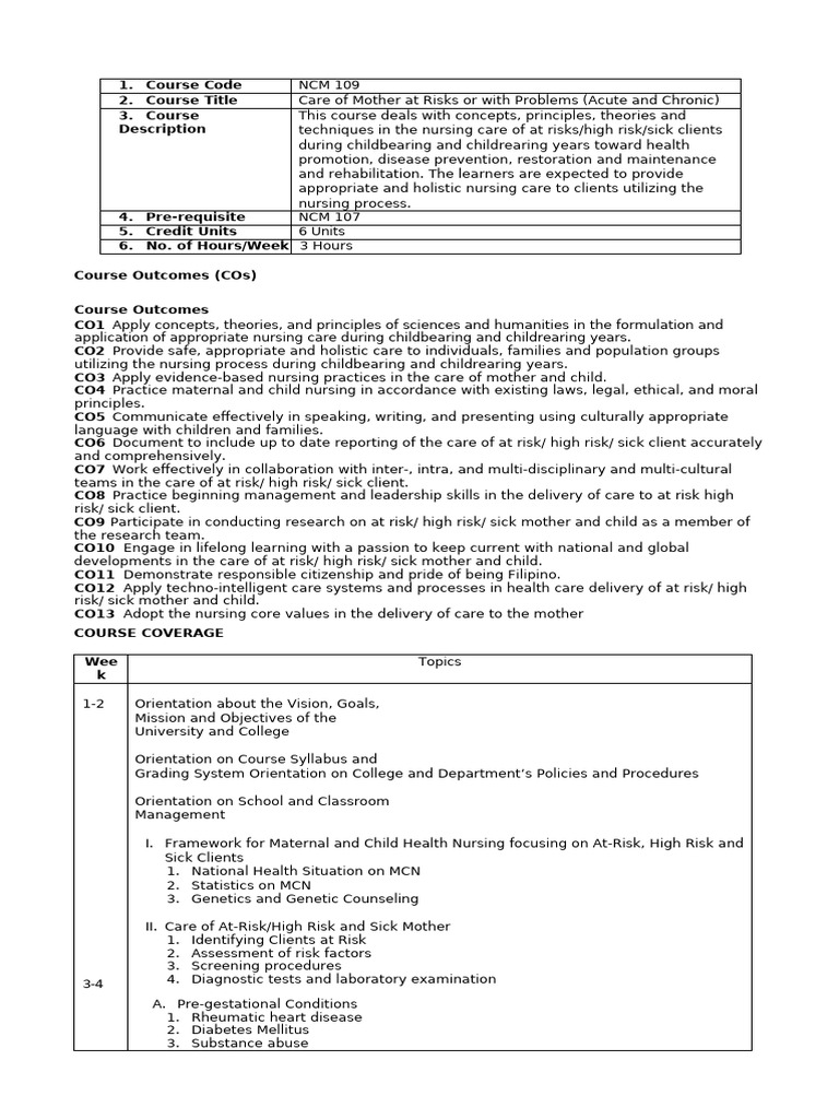 NCM 109 Course Outline | PDF | Childbirth | Preterm Birth