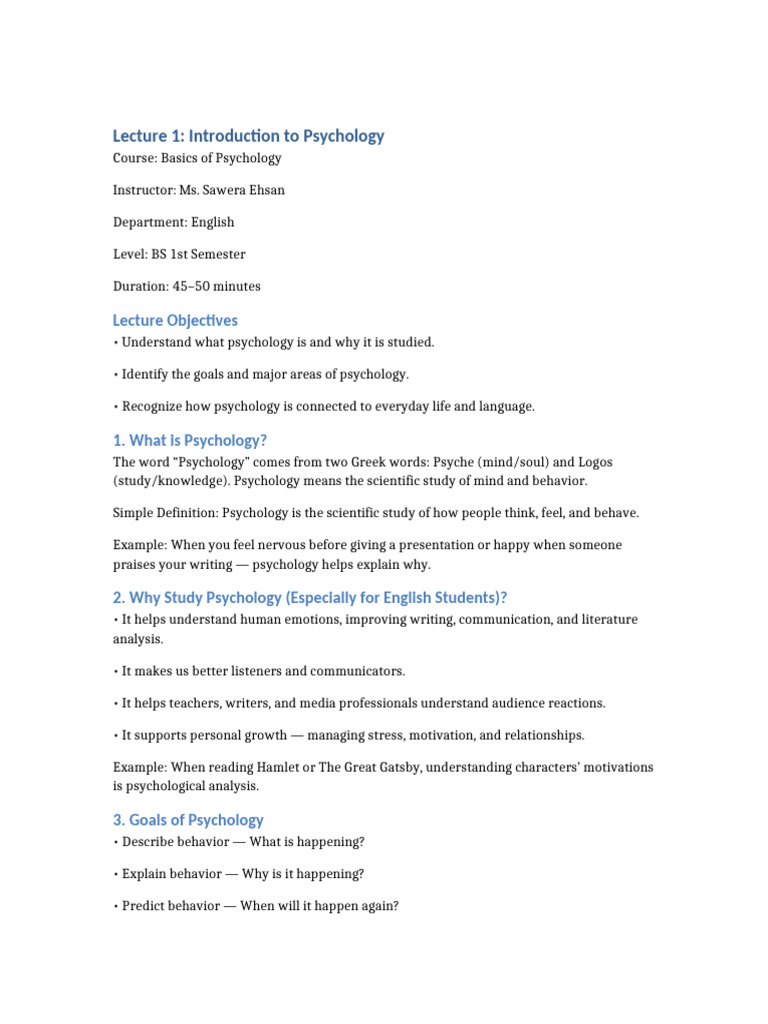 Lecture 1 Introduction To Psychology Sawera Ehsan | PDF | Psychology | Mind