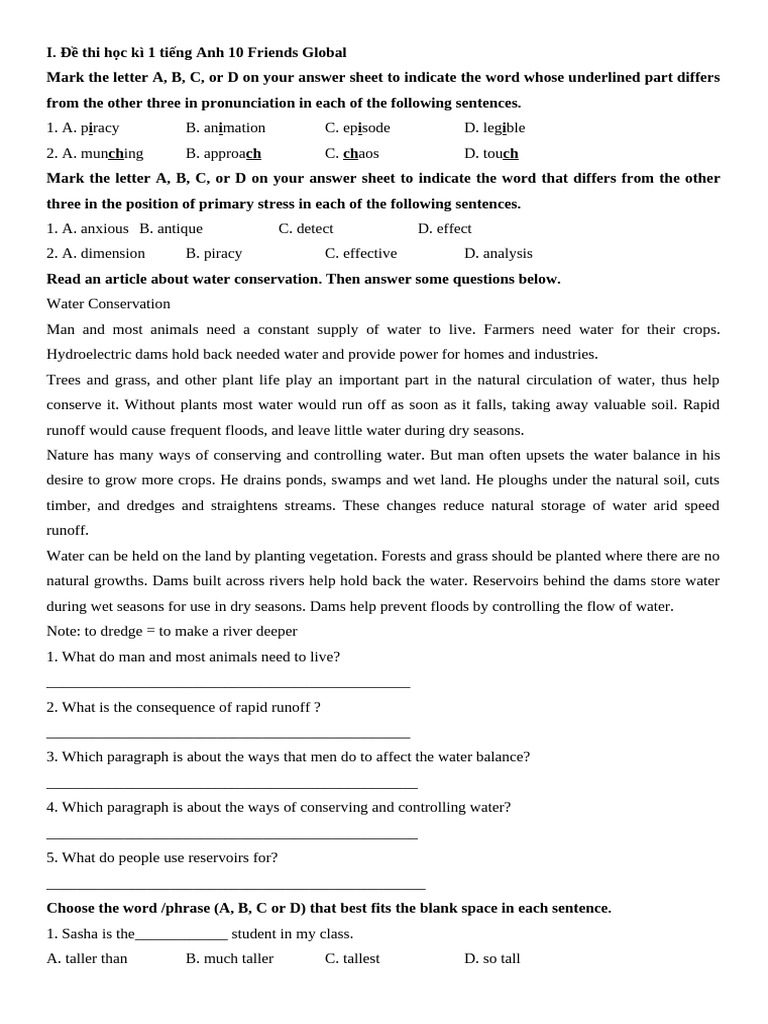 De Thi Tieng Anh Lop 10 Hoc Ki 1 Friends Global So 1 | PDF | Weather ...