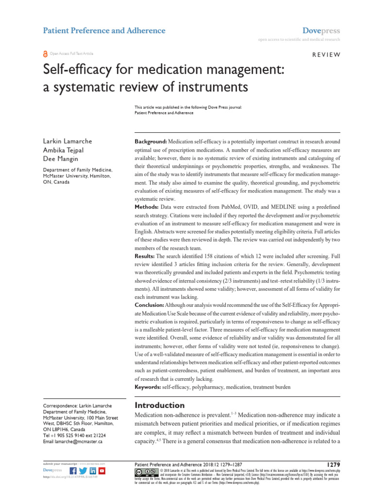 Ppa 165749 Self Efficacy For Medication Management A Systematic Review ...