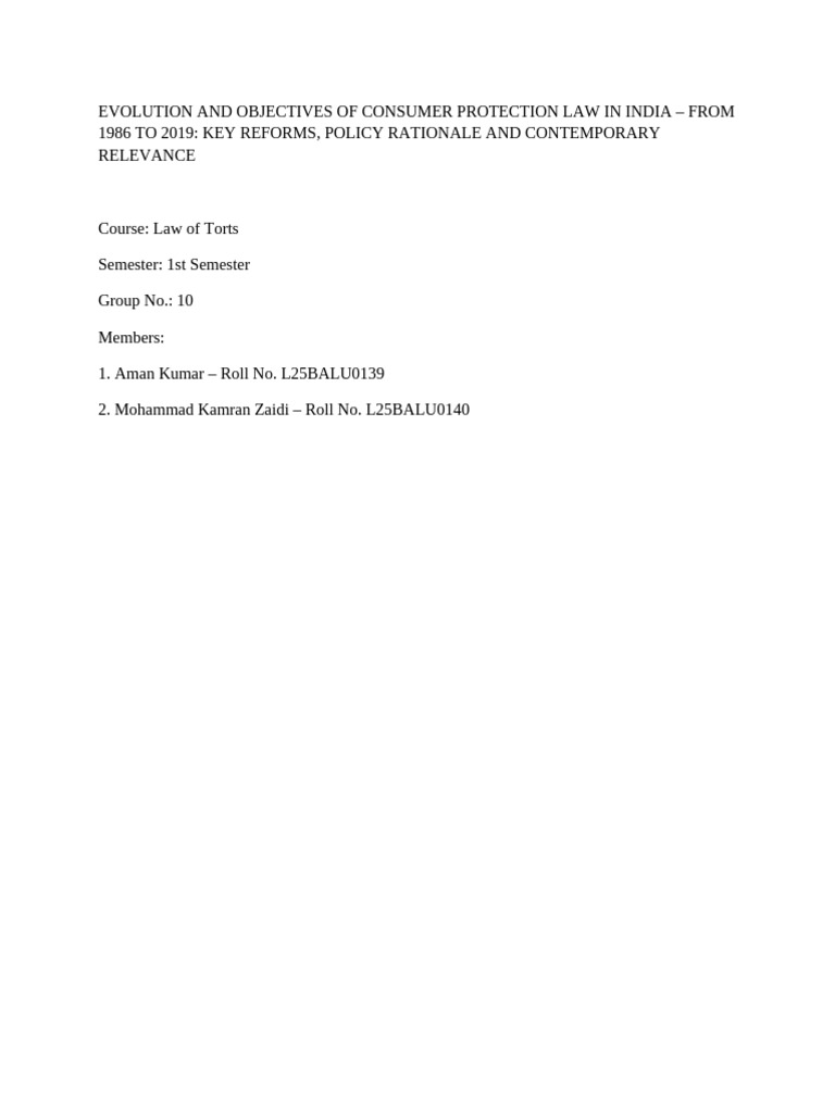 Evolution and Objectives of Consumer Protection Law in India - Group 10 ...