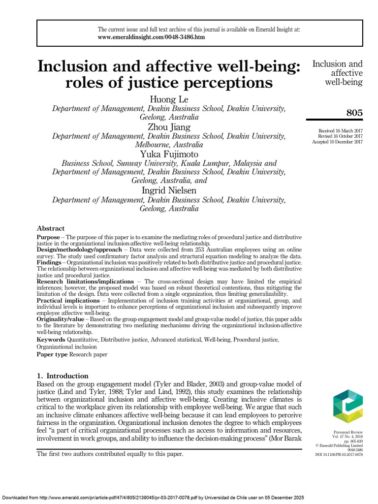 Inclusion and Affective Well-Being Roles of Justice Perceptions | PDF ...