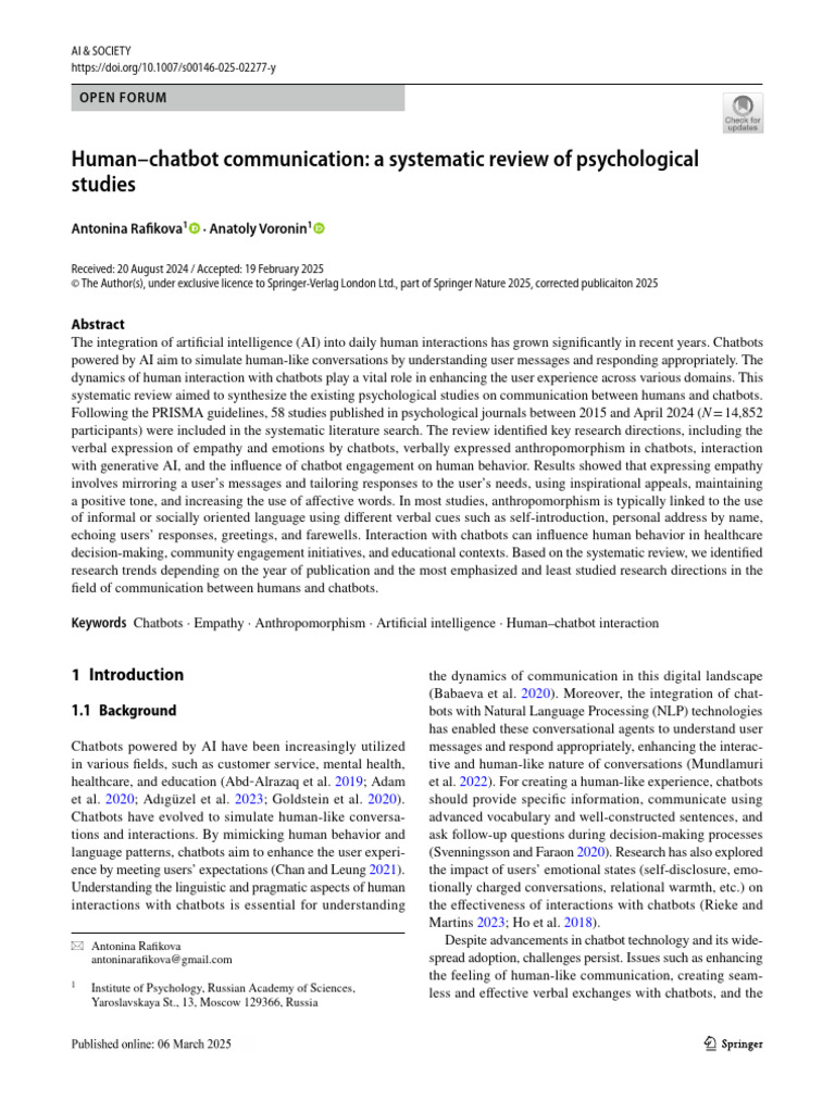 Human-Chatbot Communication: A Systematic Review of Psychological ...