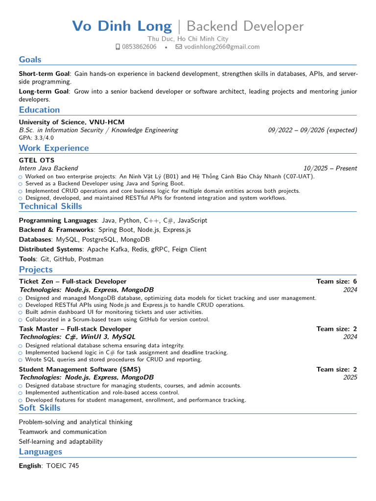 Backend Developer Vo Dinh Long CV | PDF | Databases | Mongo Db