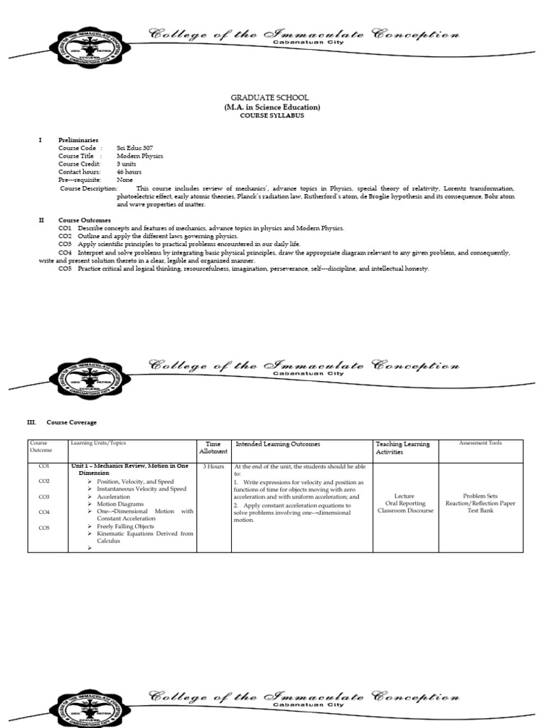 Course Syllabus Modern Physics CIC - Docx Final 2 | PDF | Acceleration ...