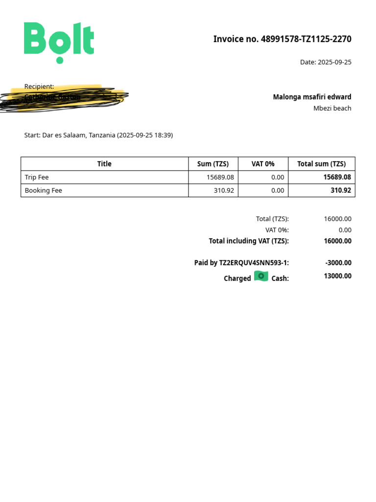 Ride Invoice From Bolt | PDF