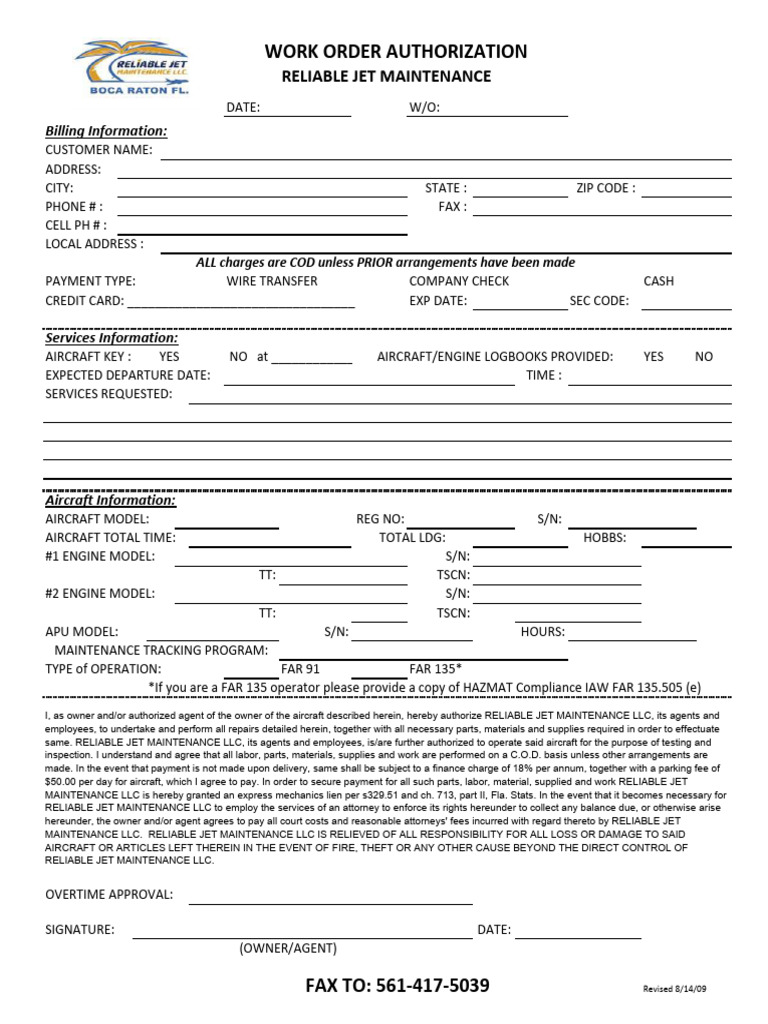 Work Order Authorization: Reliable JET Maintenance | PDF | Legal ...
