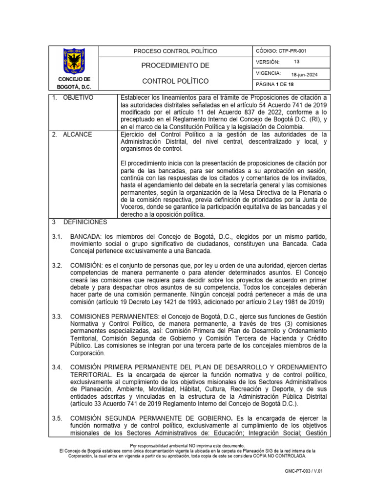 CTP PR 001 Control Pol Tico v13 | PDF | Bogotá | Regulación