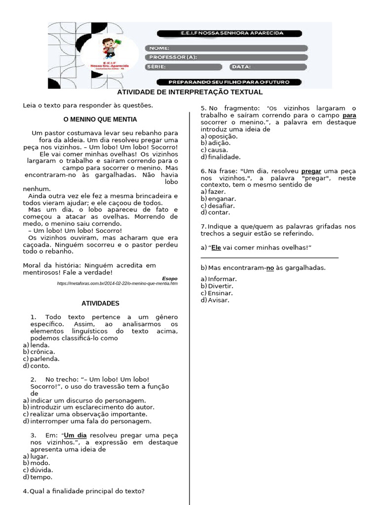 O Menino Que Mentia Atividade para Casa | PDF