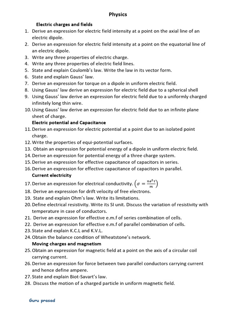 II PU Important Questions | PDF | Electric Field | Magnetic Field