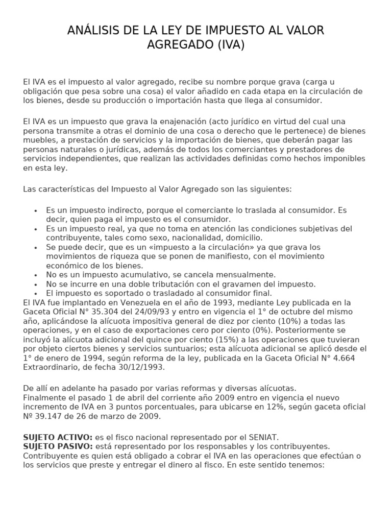 ANÁLISIS DE LA LEY DE IMPUESTO AL VALOR AGREGADO | PDF | Impuestos ...
