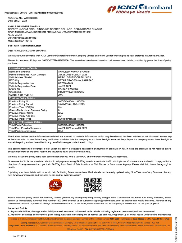 Sub: Risk Assumption Letter: Insured & Vehicle Details | PDF ...
