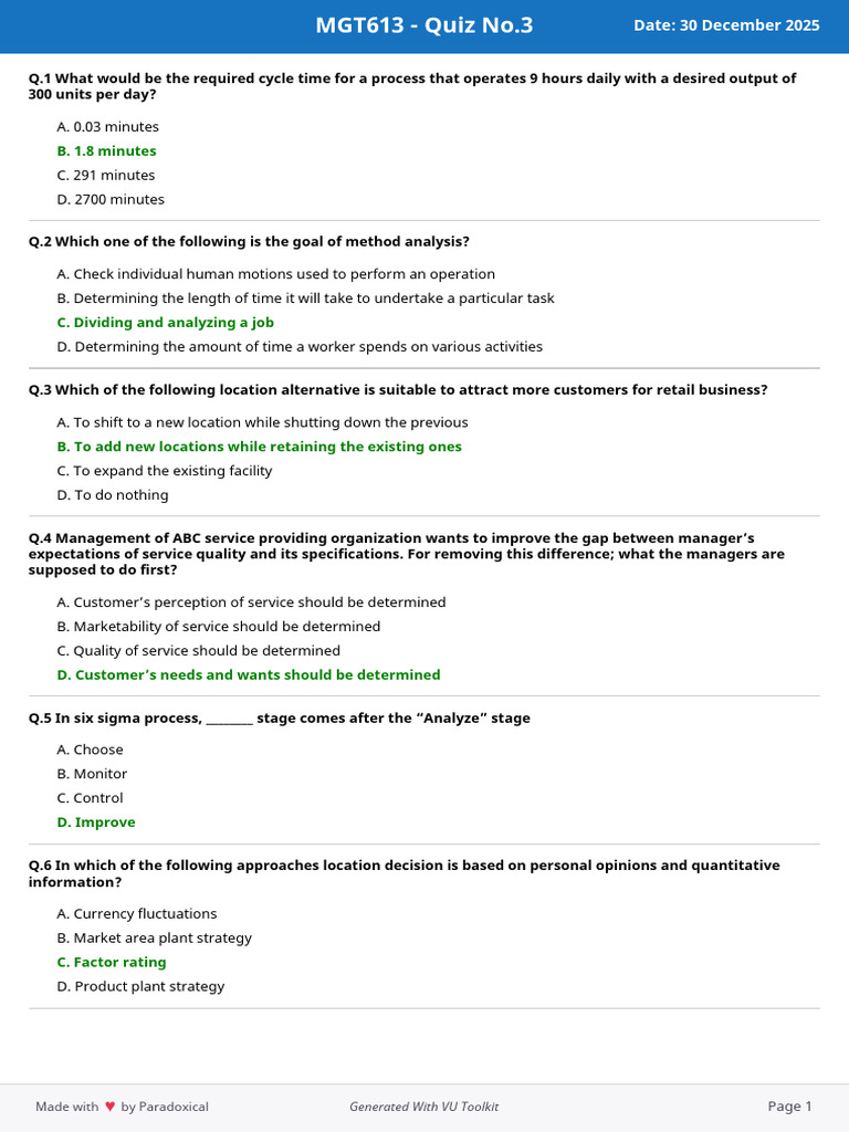 Quiz Mgt613 3 | PDF | Quality Assurance | Six Sigma
