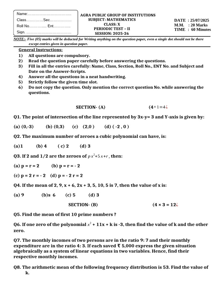 Class X Maths P.T. - 2, 2025-26 | PDF | Equations | Mathematical Concepts