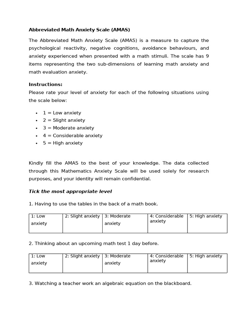 Abbreviated Math Anxiety Scale | PDF | Anxiety | Mathematics