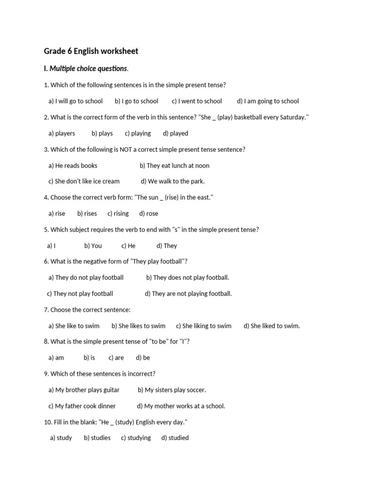 Grade 6 English Worksheet | PDF | Verb | Linguistics
