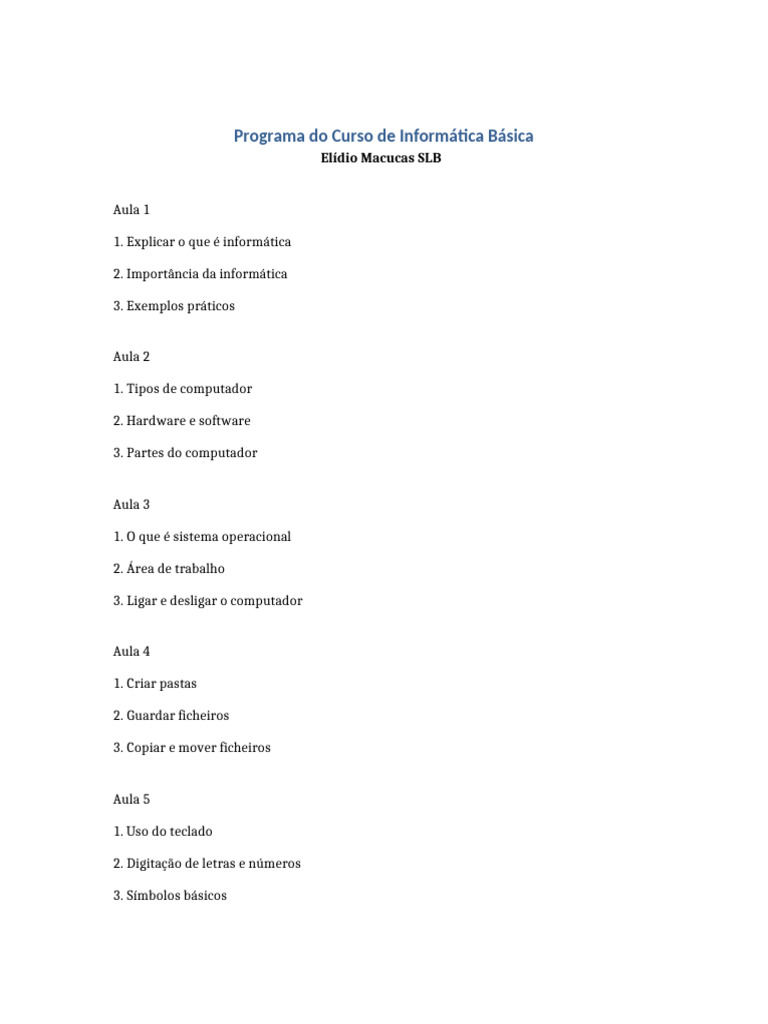 Programa Curso Informatica Basica Aulas1a12 | PDF