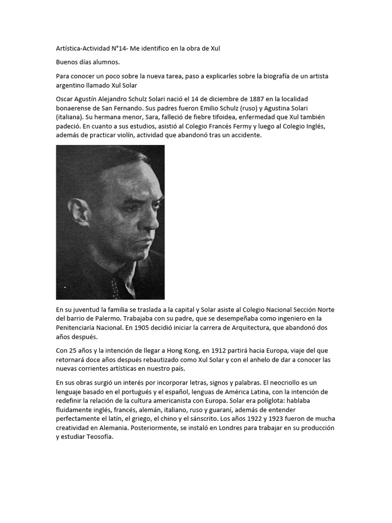Artística-Actividad N°14 Me identifico en la obra de Xul | PDF