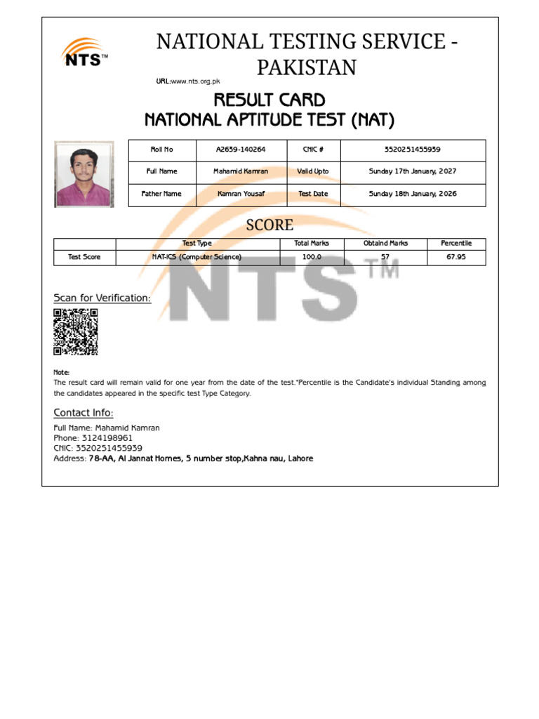 NTS-(NAT) Result Card | PDF