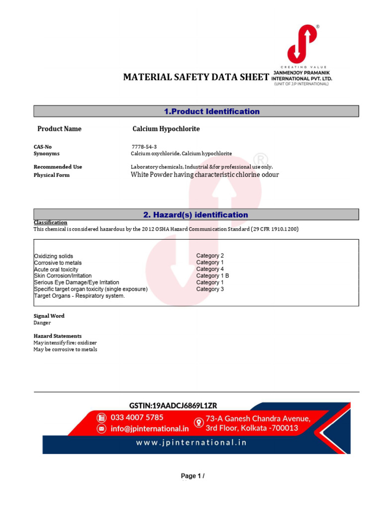 Bleaching Powder MSDS | PDF | Dangerous Goods | Firefighting