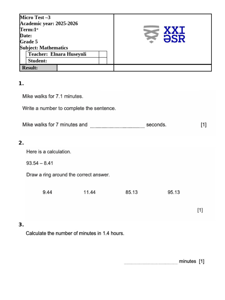 Micro Test 3 Grade 5 | PDF