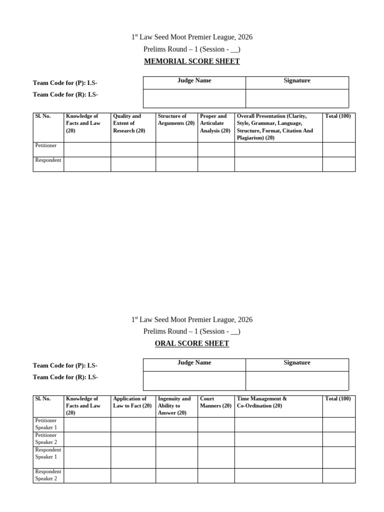Memorial and Oral Rounds Score Sheet-Law Seed | PDF