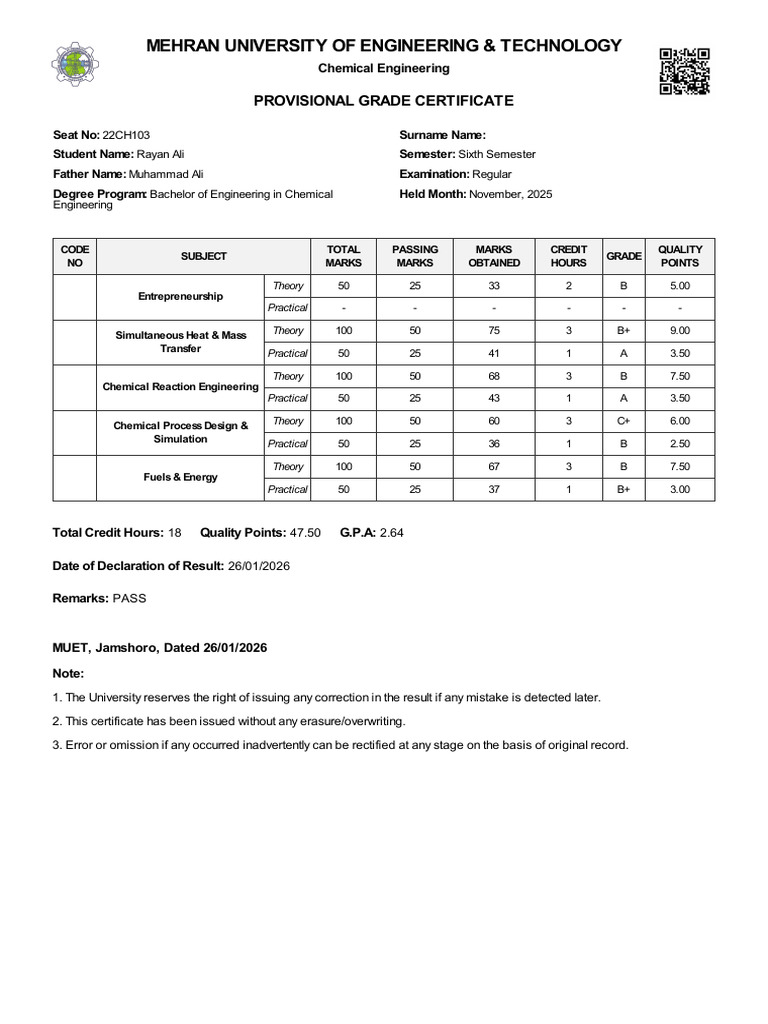 Marksheet 22CH103 Semester 131611 | PDF | Chemistry | Physical Sciences