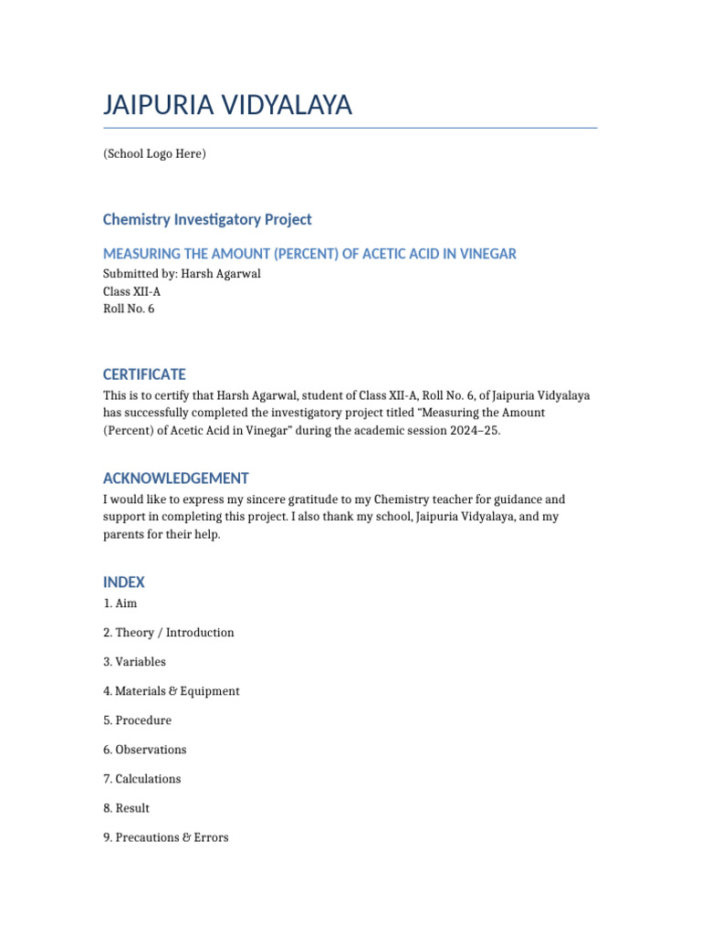 Acetic Acid Vinegar Project Harsh Agarwal | PDF