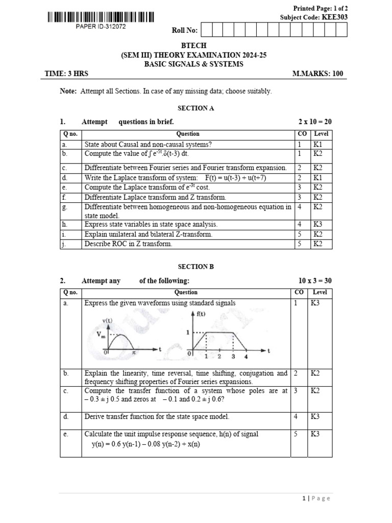 Btech Ee 3 Sem Basic Signals and Systems Kee303 Mar 2025 | PDF ...
