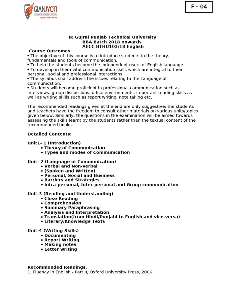 Lesson Plan BBA ENGLISH | PDF | Communication | Reading Comprehension