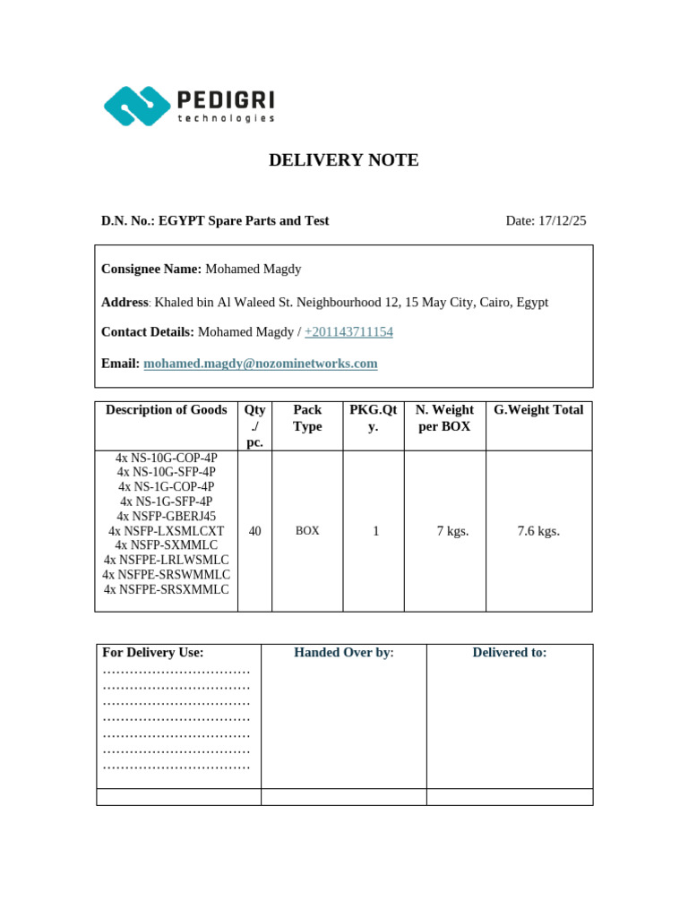 Delivery Note - Egypt Spare Parts and Test - Egypt | PDF