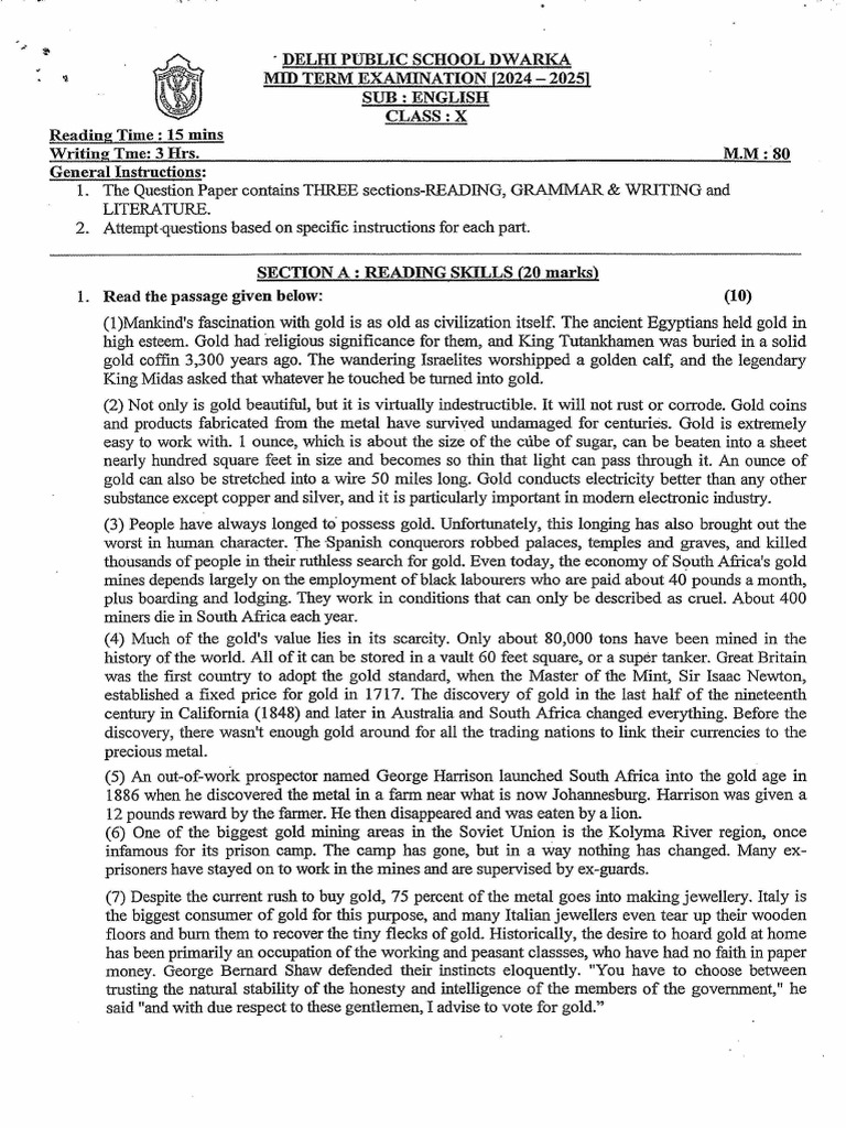 Mid Term Exam Class 10 2024-2025 | PDF | Gold | Water