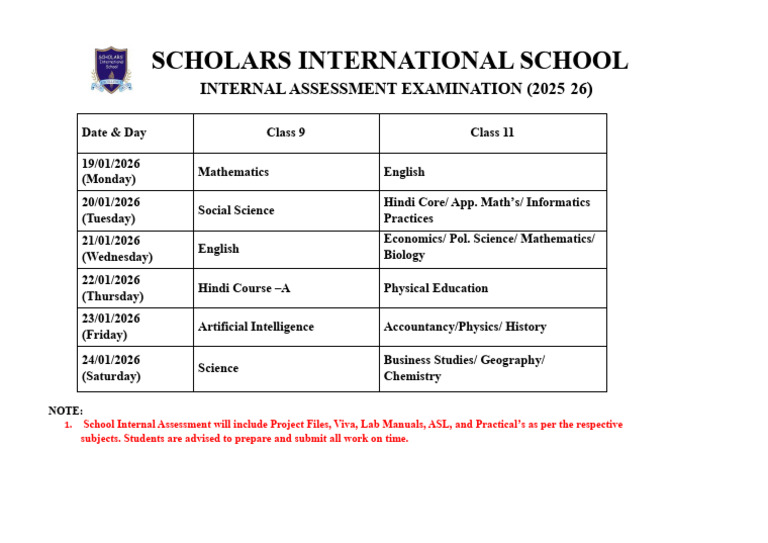 Internal Assessment Date Sheet 2025-26 | PDF