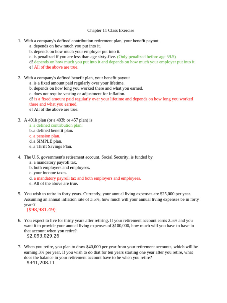 Chapter 11 Class Exercise | PDF | Defined Benefit Pension Plan | Retirement