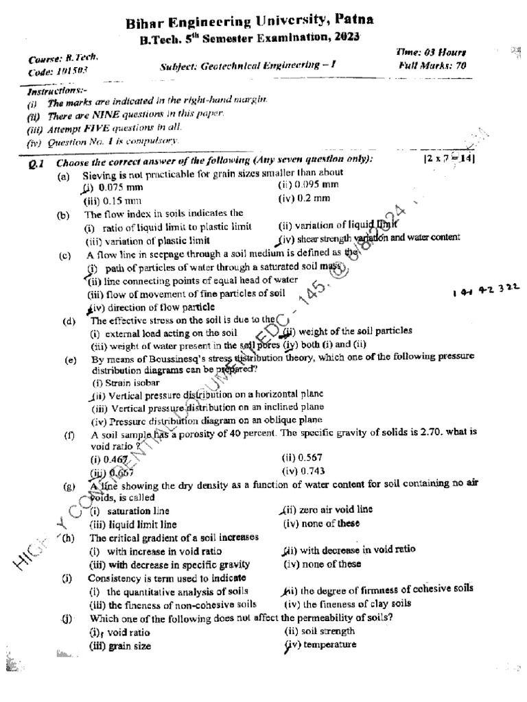 Btech Ce 5 Sem Geotechnical Engineering 1 101503 2023 | PDF
