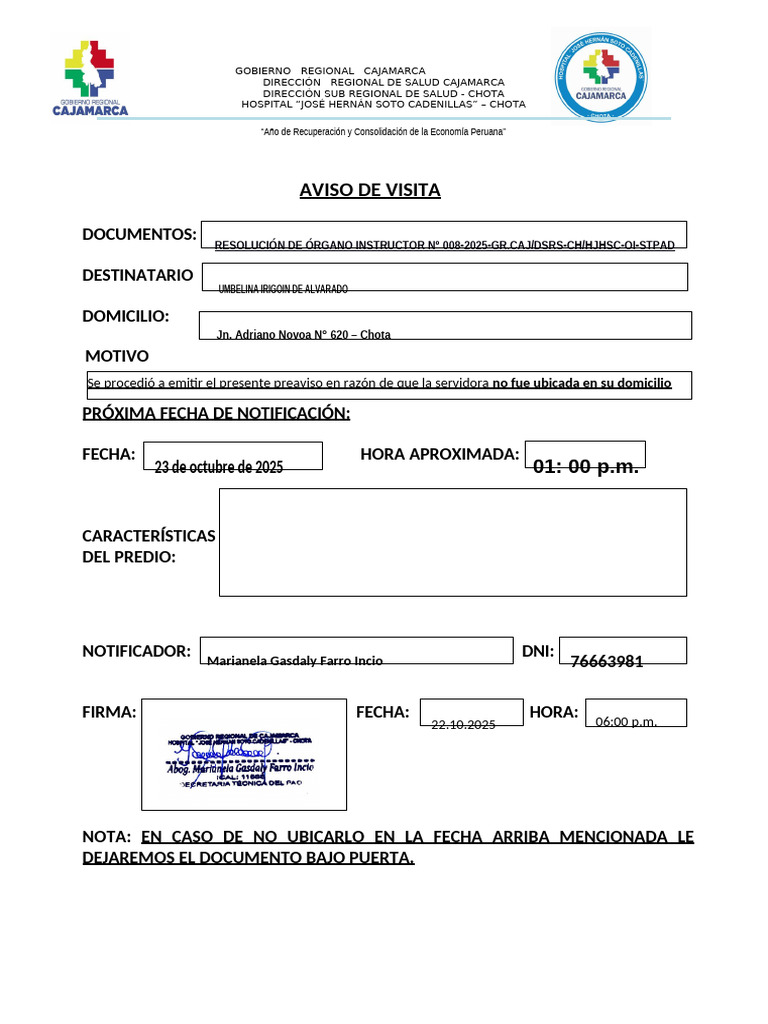 Nota de Pre Aviso de Notificacion | PDF