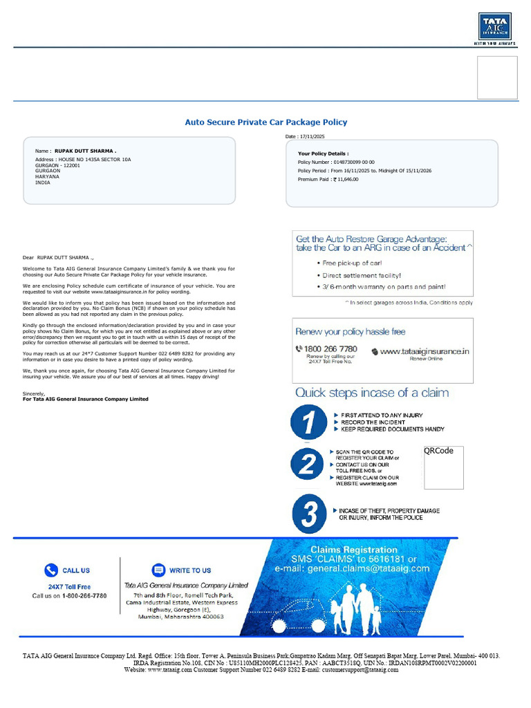 Auto Secure Private Car Policy | PDF | Insurance | Deductible